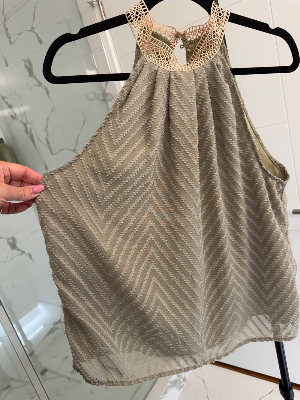 SHEIN Beige Crochet Halter Chevron Chiffon Camisole Ptp 21”